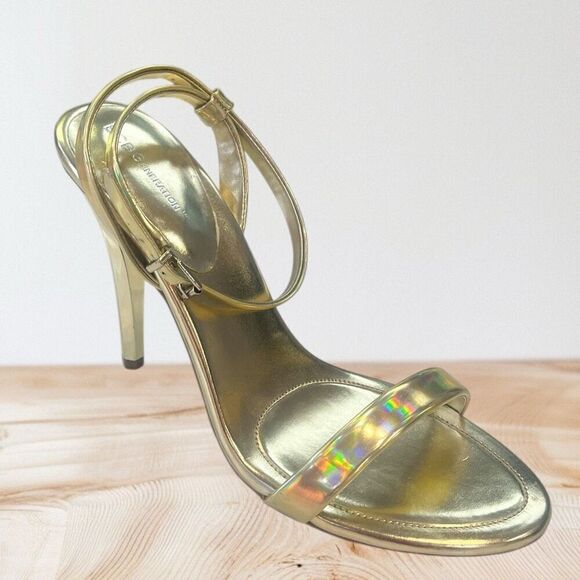 BCBG Gold Iridescent Open Toe Heels - Picture 1 of 6